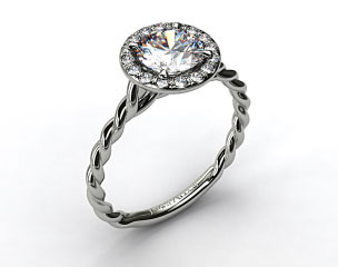 14K White Gold Pave Halo Cabled Diamond Engagement Ring